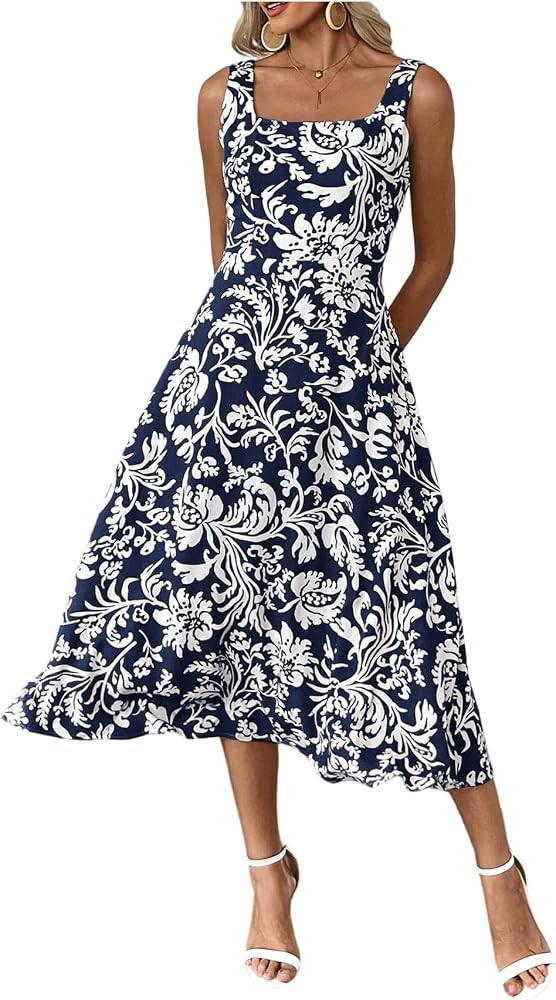 Floerns Women's Floral Boho Square Neck A Line Midi Sundress | Amazon (US)
