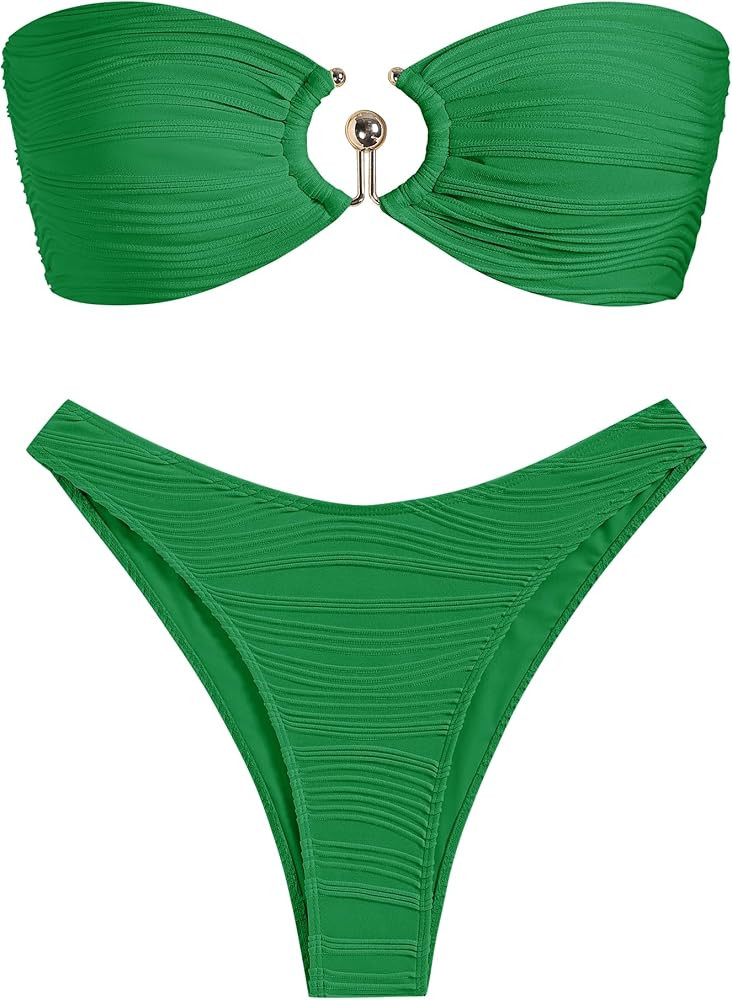 ZAFUL Womens Bandeau Bikini Set Metallic Sparkly O Ring Lace Up High Cut Tanga sexy bathing suit ... | Amazon (US)
