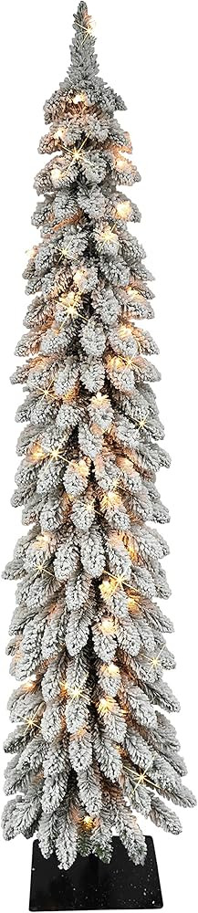 Puleo International Pre-Lit 5' Flocked Pencil Alpine Artificial Christmas Tree with 70 Lights | Amazon (US)