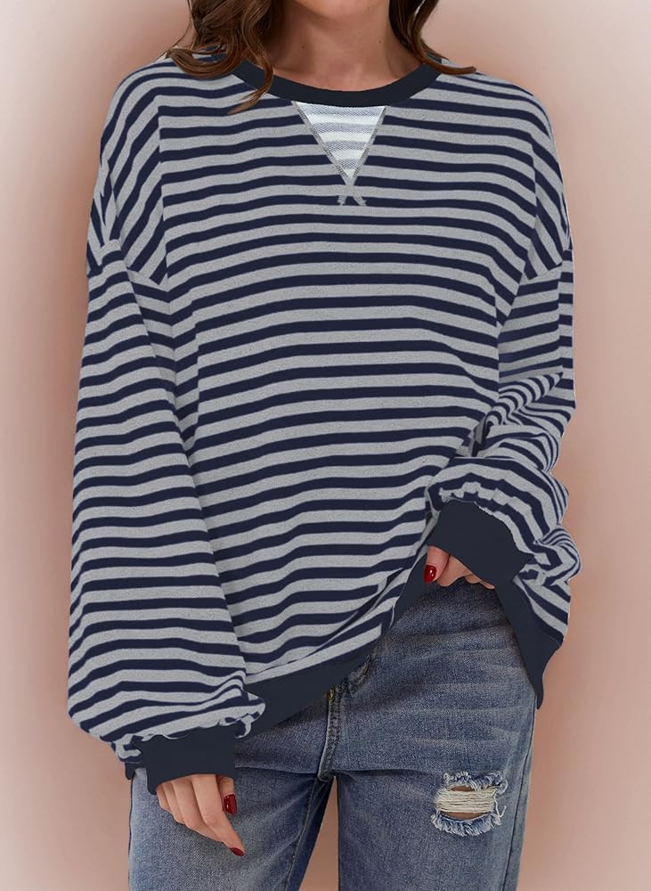 Women's casual crew neck sweatshirt, striped sweater, long sleeve, autumn and winter top | Amazon (FR)