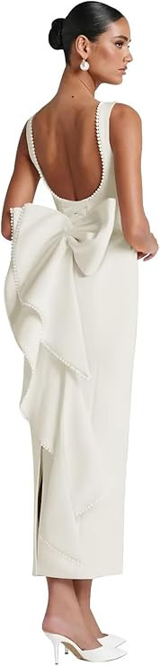 Smileven Satin Pearl Formal Evening Dresses for Women 2025 Tea Length Cocktail Party Gowns with B... | Amazon (US)