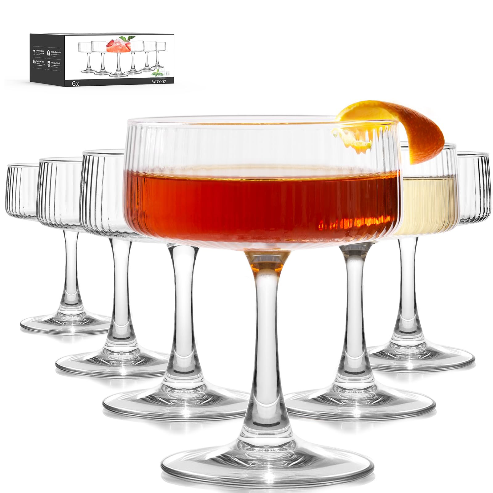 LUNA & MANTHA Coupe Glasses Set of 6, 10oz Ribbed Cocktail Glasses, Vintage Large Martini Glass f... | Amazon (US)