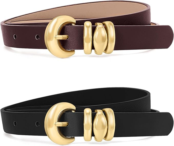 XZQTIVE 2 Pack Womens Skinny Leather Belts for Ladies Thin Waist Belt for Jeans Dresses Pants Coa... | Amazon (US)