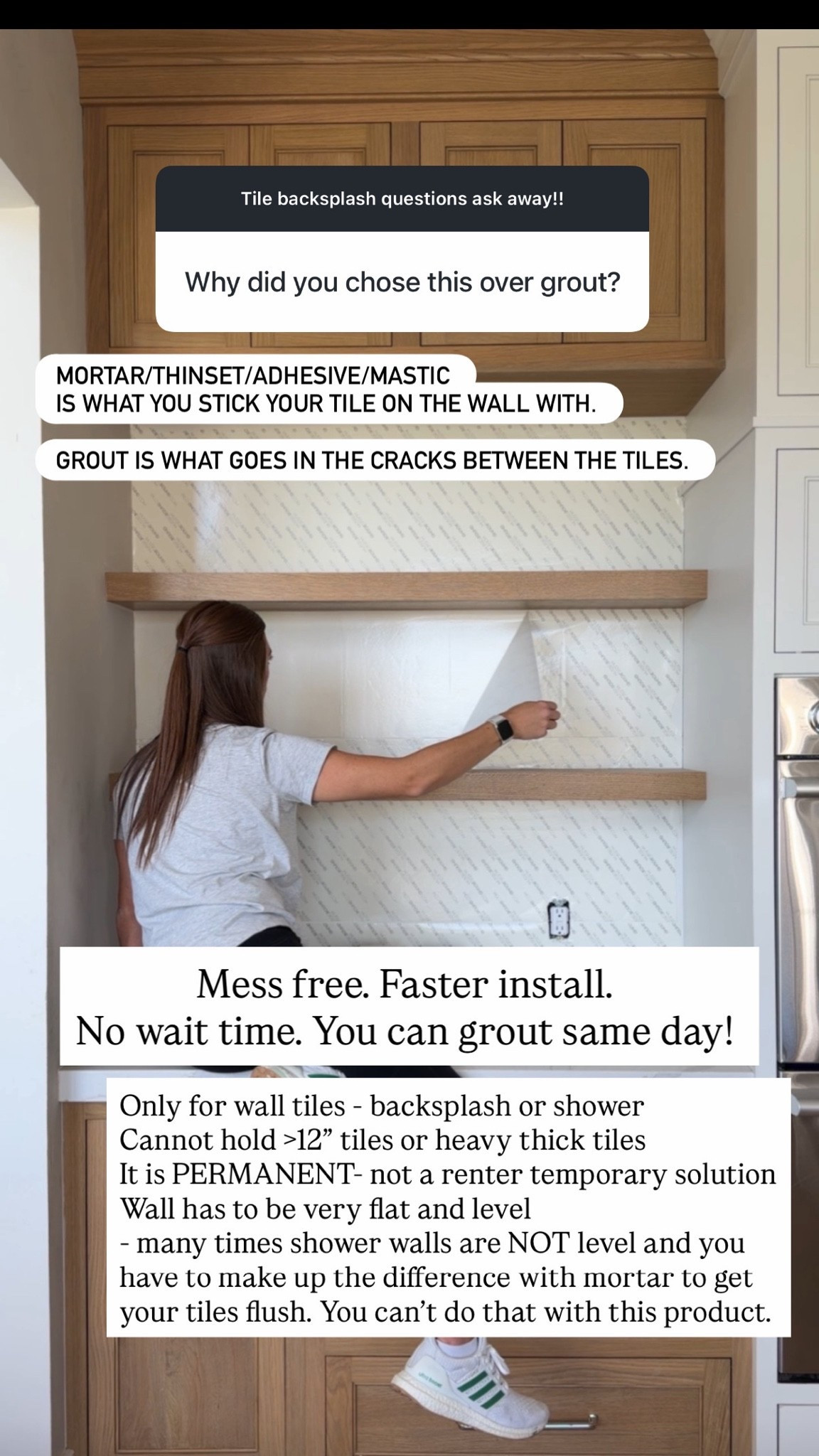 Easiest way to install a backsplash - musselbound is a double sided sticky tape that replaces traditional thinset. Great for beginners!  step by step https://honeybuilthome.com/tiling-made-easy/