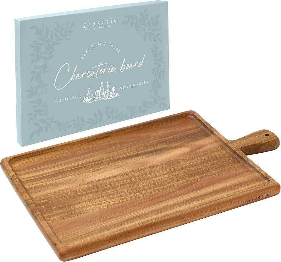Charcuterie Board - Acacia Wood Serving Tray with Handle - Kitchen Essential for Entertaining, Ho... | Amazon (US)