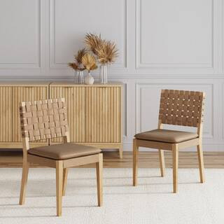 Cohen 19 in. Wood Mid-Century Modern Side Dining Chair with Woven Faux Leather Back for Kitchen, ... | The Home Depot