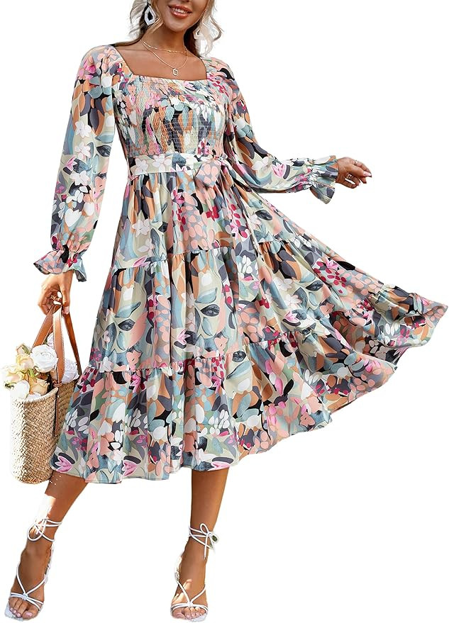 Amegoya Women's Boho Flowy Long Sleeve Square Neck Floral Midi Dress Smocked Spring Fall Wedding ... | Amazon (US)