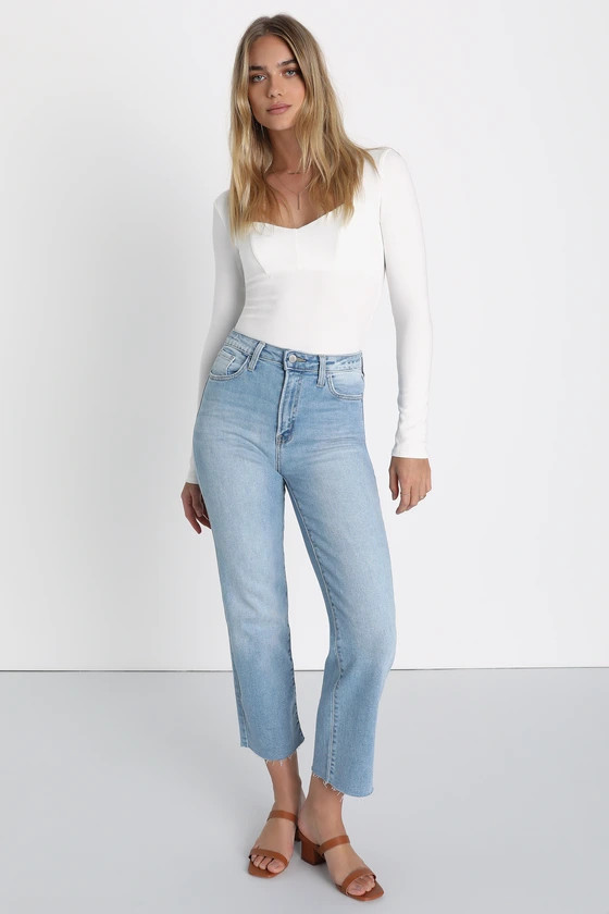 Essential Charm Light Wash Straight Leg Raw Hem Denim Jeans | Lulus