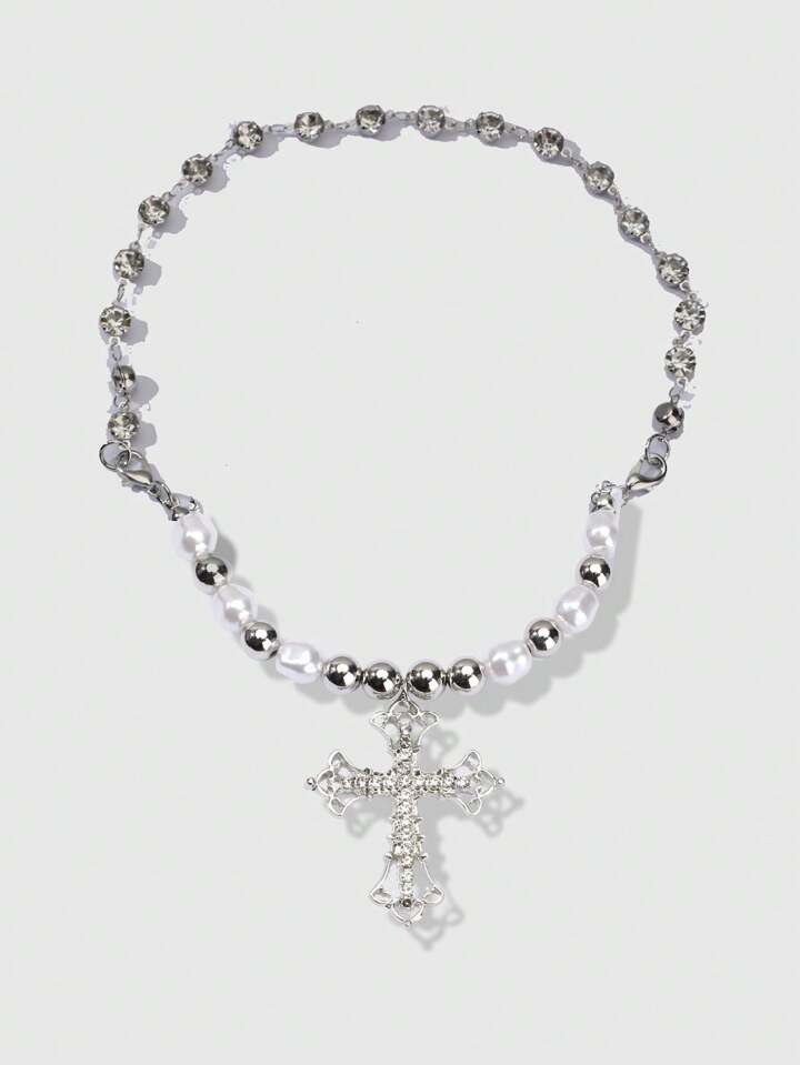 ROMWE Goth 1pc Glamorous Zinc Alloy Rhinestone & Faux Pearl Decor Cross Charm Necklace For Women For Daily Decoration | SHEIN