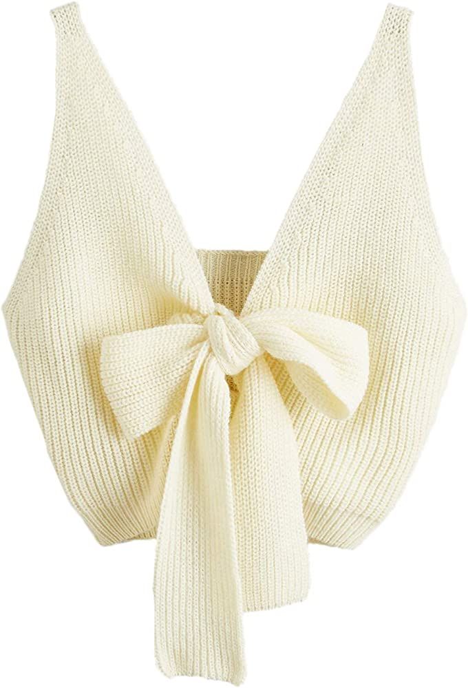 SweatyRocks Women's V Neck Tie Front Sleeveless Knit Crop Cami Tank Top | Amazon (US)