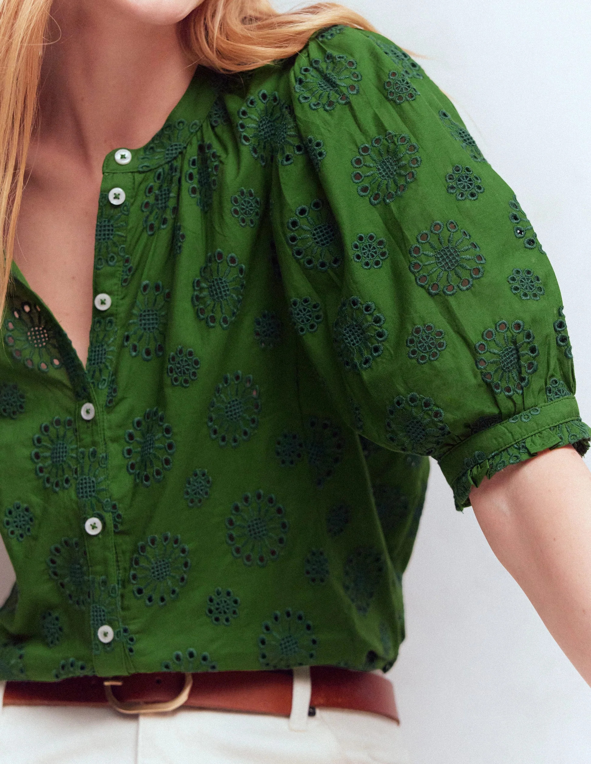 Camille Embroidered Cotton Top-Promenade Green Broderie | Boden (US)