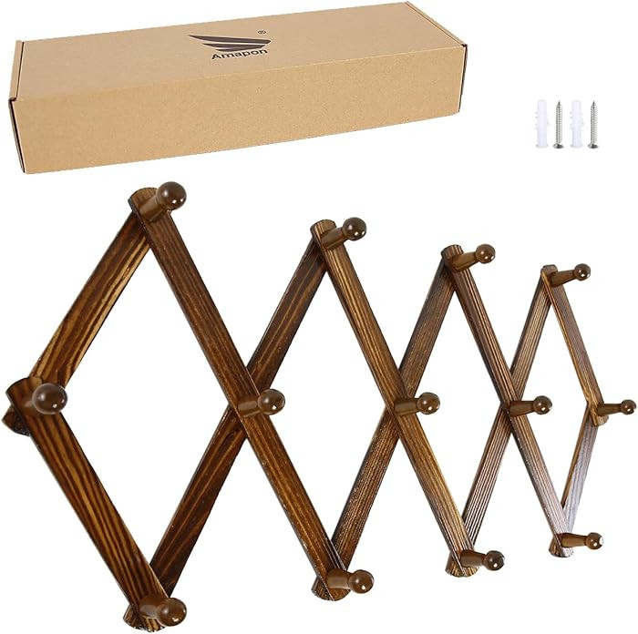 AMAPON Accordion Style Expandable Wall Wooden Coat Rack 13 Hooks (Pegs) Hang Hats Jackets Coffee ... | Amazon (US)