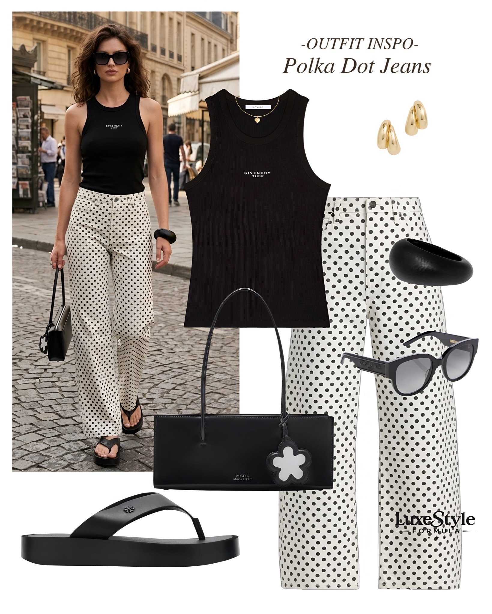 The Parisians never stopped wearing polka dots 🖤

polka dot jeans outfit, wide leg jeans summer, black and white summer outfit, Parisian street style, quiet luxury summer, designer casual outfit, summer fashion 2026, elevated summer look, French girl style outfit, Givenchy tank top outfit, Marc Jacobs tote bag, Tory Burch sandals outfit, black and white outfit ideas, monochrome summer style, chic summer casual, statement jeans outfit, old money summer aesthetic, luxury casual outfit women, summer street style women, print jeans how to style, luxestyleformula 

#PolkaDotOutfitIdeas, #ParisianSummerStyle, #WideLegjeansSummer, #BlackAndWhiteFashion, #JeansOutfitIdeas


#LTKSeasonal #LTKTravel #LTKootd