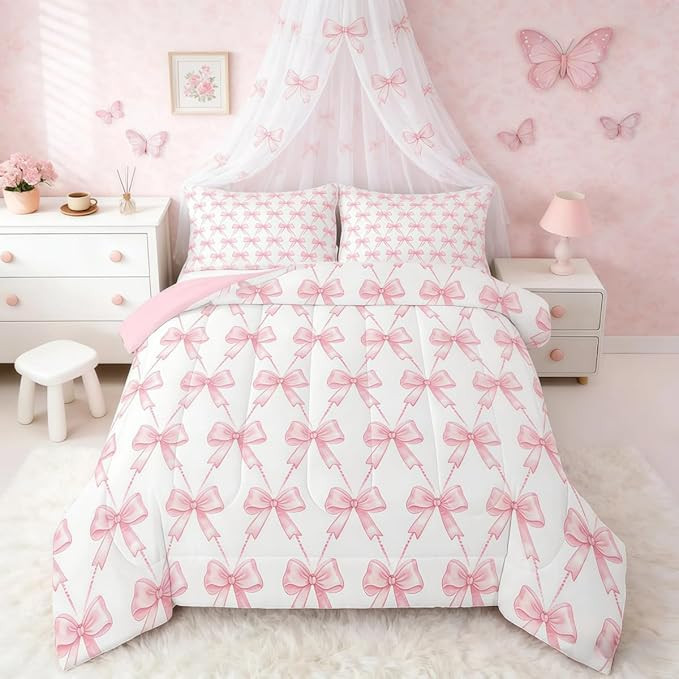 Feelyou Pink Bow Bedding Set Full Size Pink Girls Bow Comforter Set for Kids Women Ultra Soft Cut... | Amazon (US)