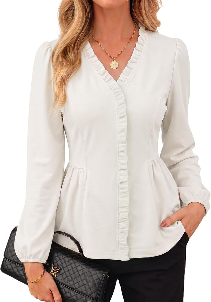 Dokotoo Womens Tops Ruffle Trim V Neck Peplum Babydoll Long Sleeve Shirts | Amazon (US)