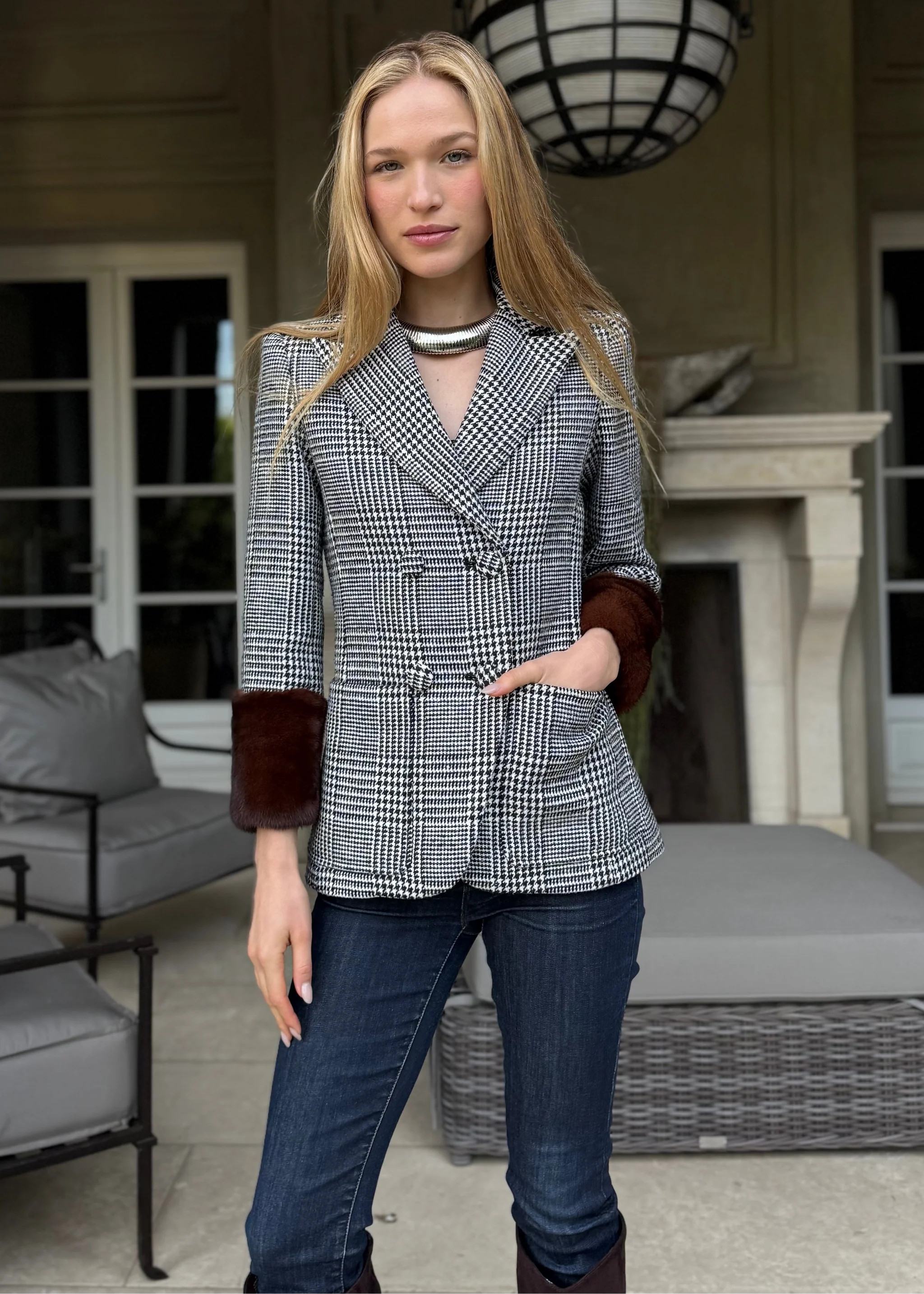 Camden Houndstooth Double Breasted Blazer with Faux Fur Cuffs | Benaar La