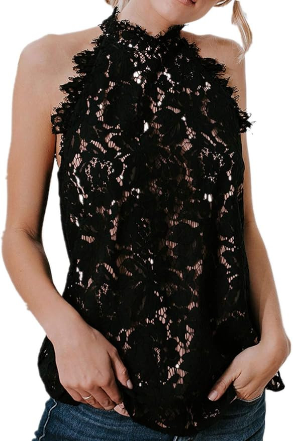 Bigyonger Womens's Lace Trim Sleeveless Summer Tank Tops Halter Hollow Out Crochet Vest Sexy Blou... | Amazon (US)