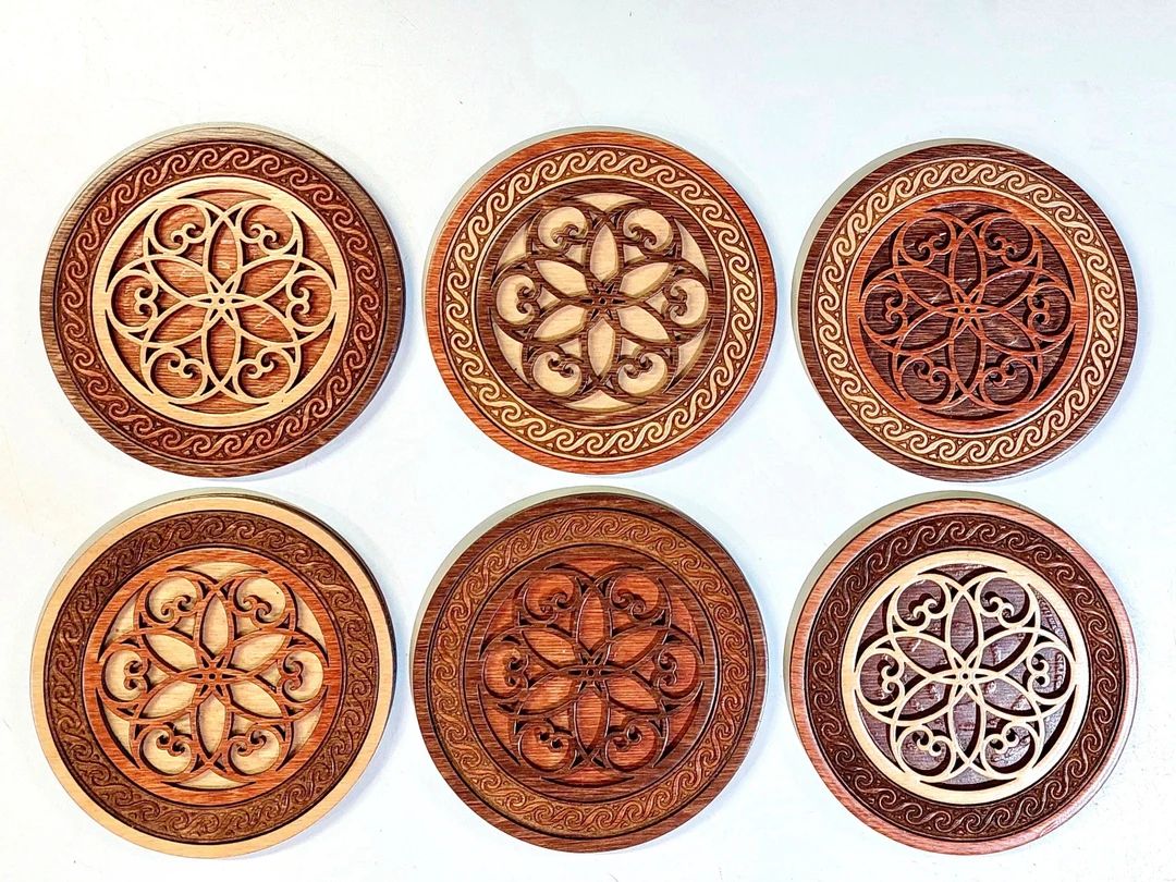 Rosette Waterproof Wooden Coasters, Original Set of 6 Handmade, Can Be Custom Engraved, Inlaid Wo... | Etsy (US)
