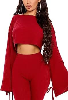 Solid Color Two Piece Outfits for Women，Long Sleeve Crop Top and Bodycon Pants Joggers Clubwear... | Amazon (US)