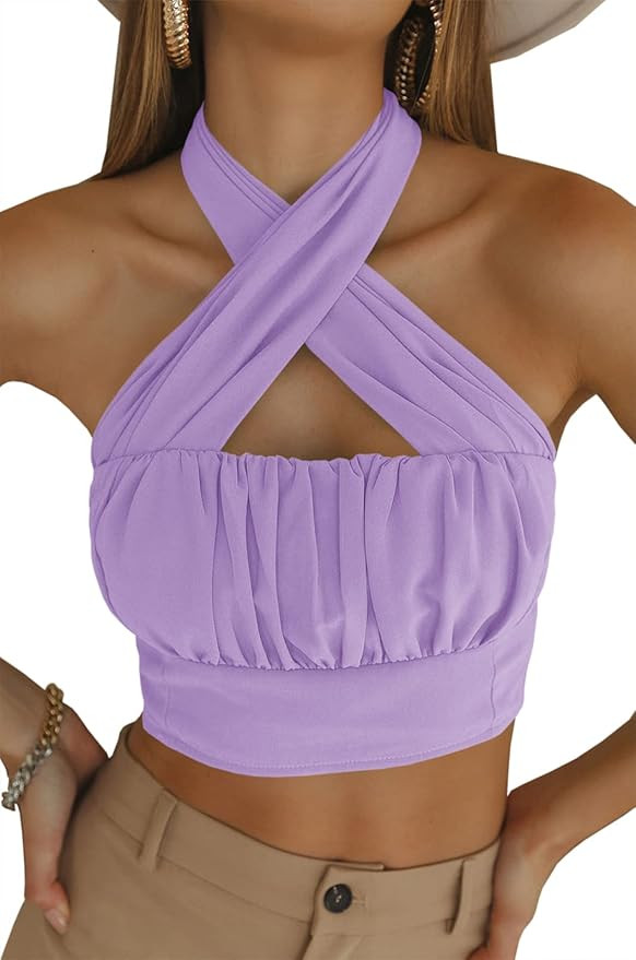 GAMISOTE Women's Halter Tank Top Criss Cross Smocked Sleeveless Crop Shirt Blouse | Amazon (US)