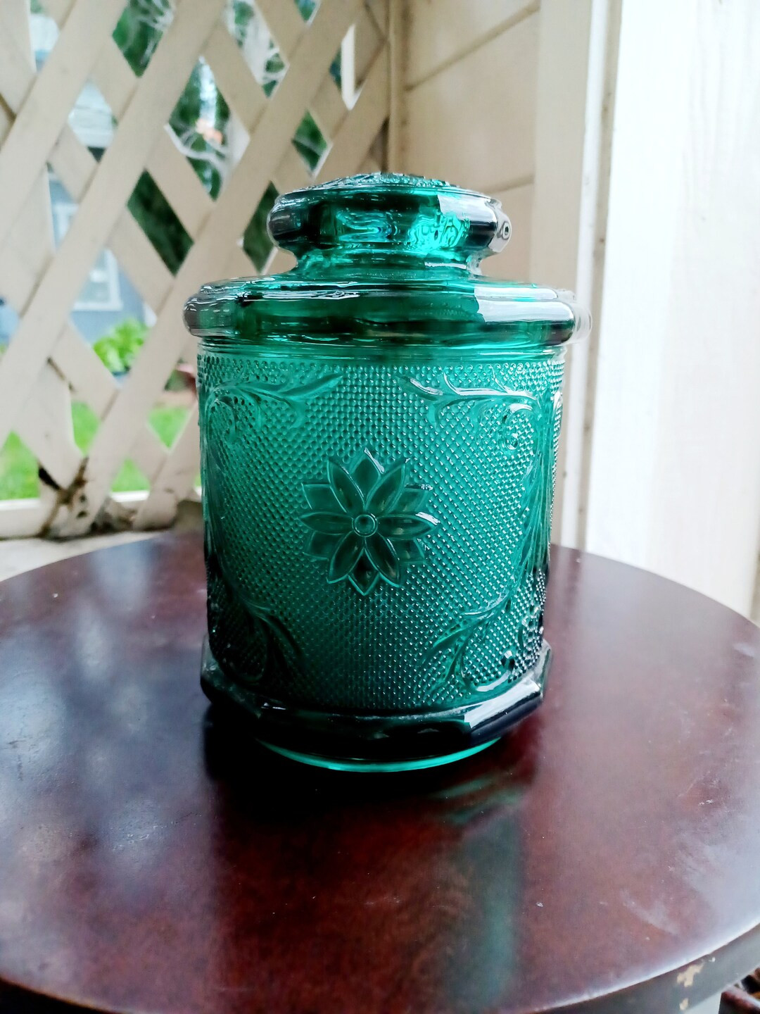 Exclusive Tiara Spruce Green Glass Canister, Vintage Diamond Cut Glass, Raised Floral Design | Etsy (US)