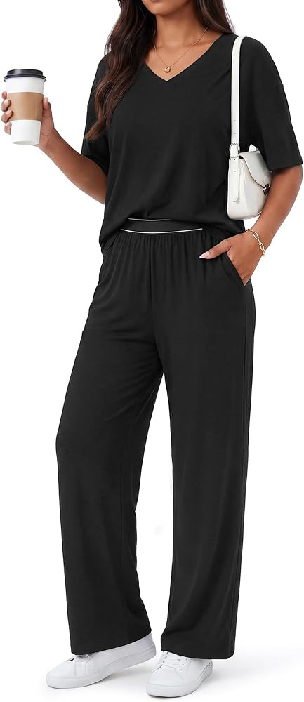 OUGES Women's Lyocell Cotton Lounge Sets Short Sleeve Tops and Long Pants Soft Pajama Set 2 Piece... | Amazon (US)