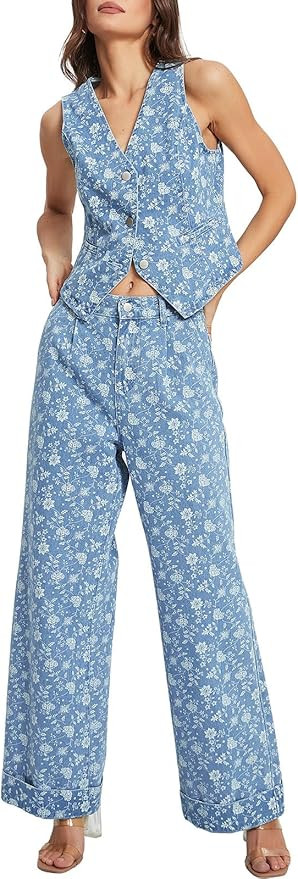 SCOFEEL Womens 2 Piece Denim Set Button Sleeveless Jean Vest Pants Sets Y2k Waistcoat Wide Leg Je... | Amazon (US)