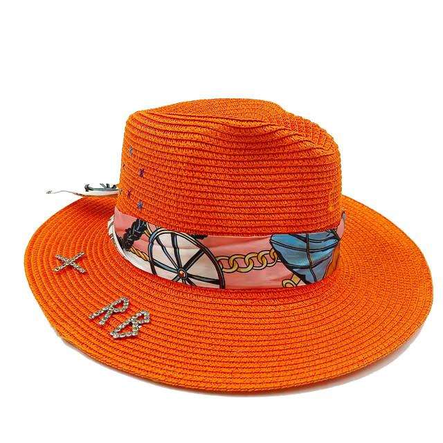 2023 Orange hand sewn irregular shape summer flash diamond accessories woven jazz straw hat fashi... | AliExpress (US)