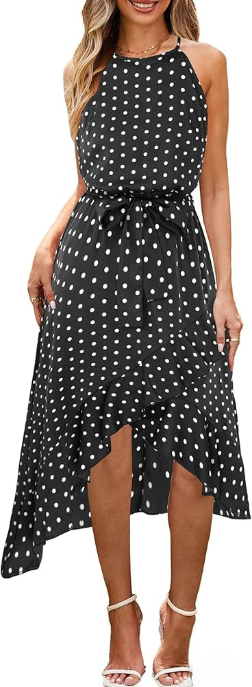 ECOWISH Polka Dot Women Summer Dress Flowy High Low Sleeveless Boho Floral Criss Cross Halterneck... | Amazon (US)