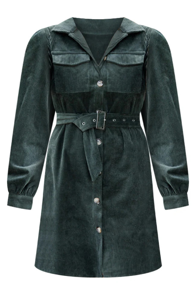 No Expectations Olive Corded Long Sleeve Belted Mini Dress FINAL SALE | Pink Lily