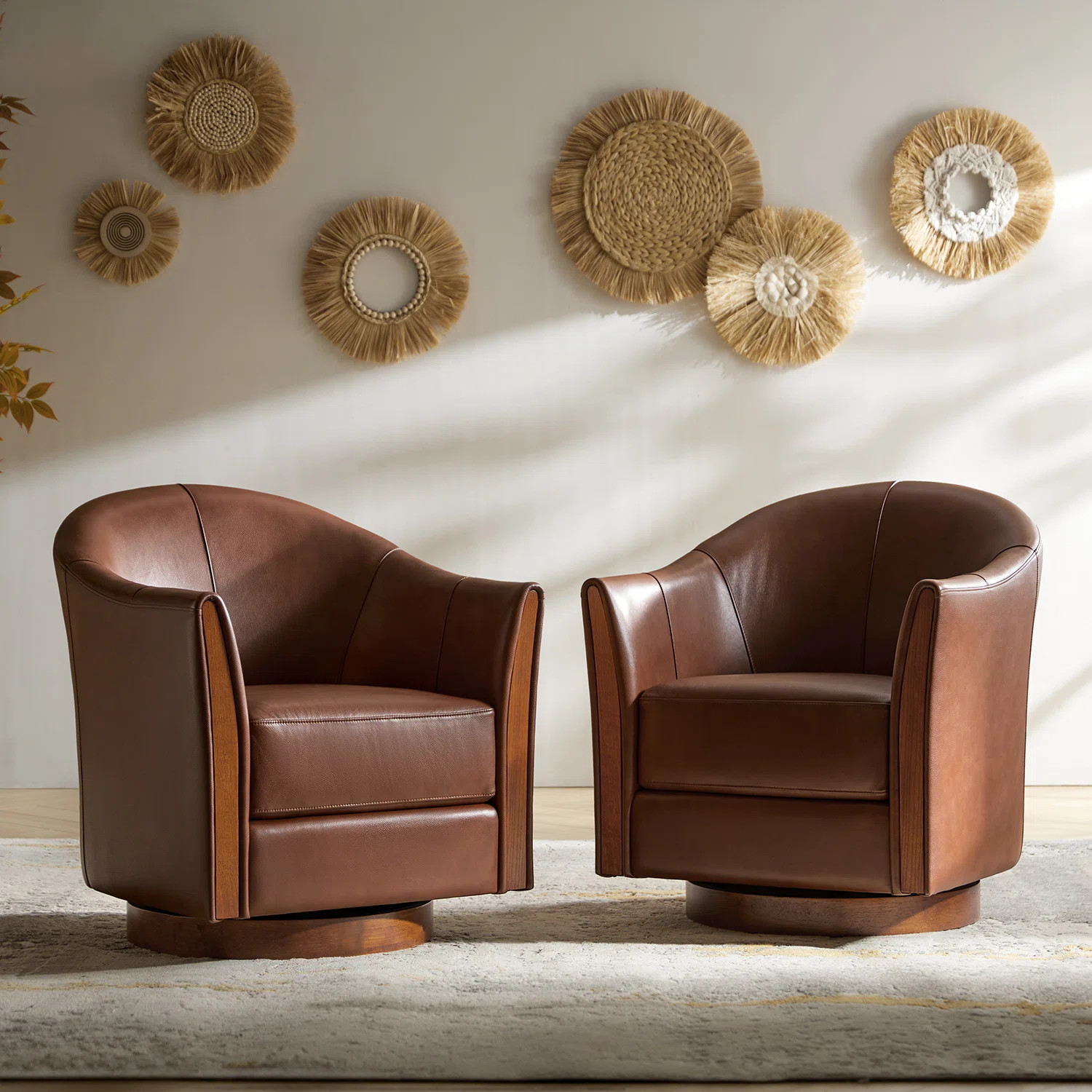 Pocono 29"W Transitional Genuine Leather Swivel Barrel Chair With Solid Wood Base(Set of 2) | Wayfair North America