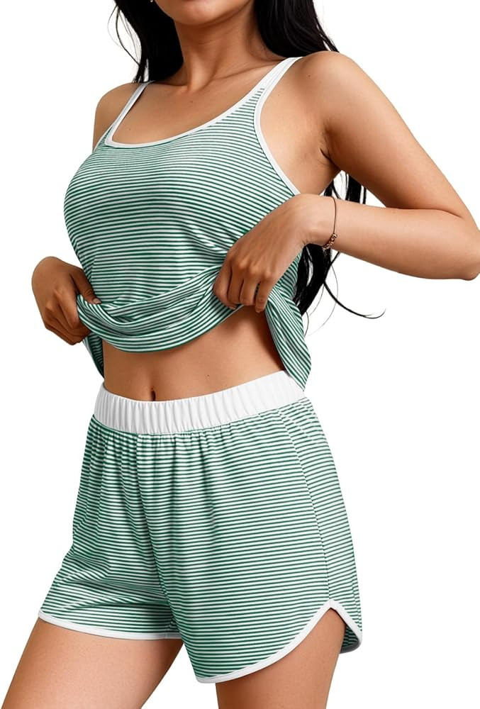 JUSTFASHIONNOW Womens Striped Tank Top Pajama Set 2 Piece Summer Cami and Shorts Pjs Set Comfy Sl... | Amazon (US)