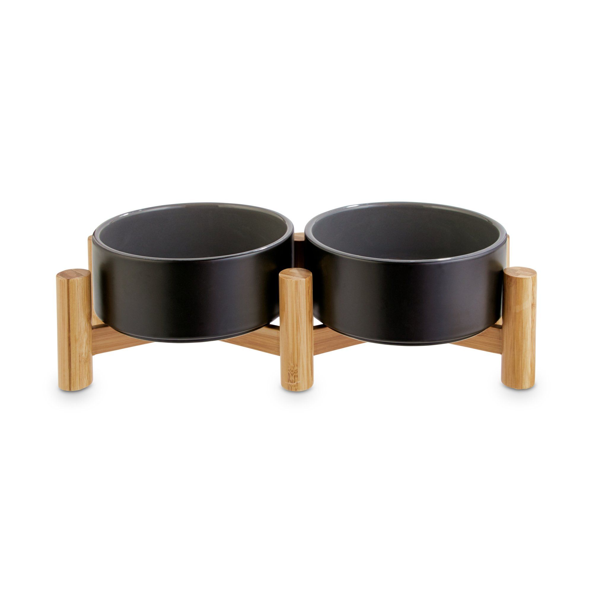 Reddy Black Ceramic & Bamboo Elevated Double Diner Pet Bowl, 3.5 Cups | Petco | Petco