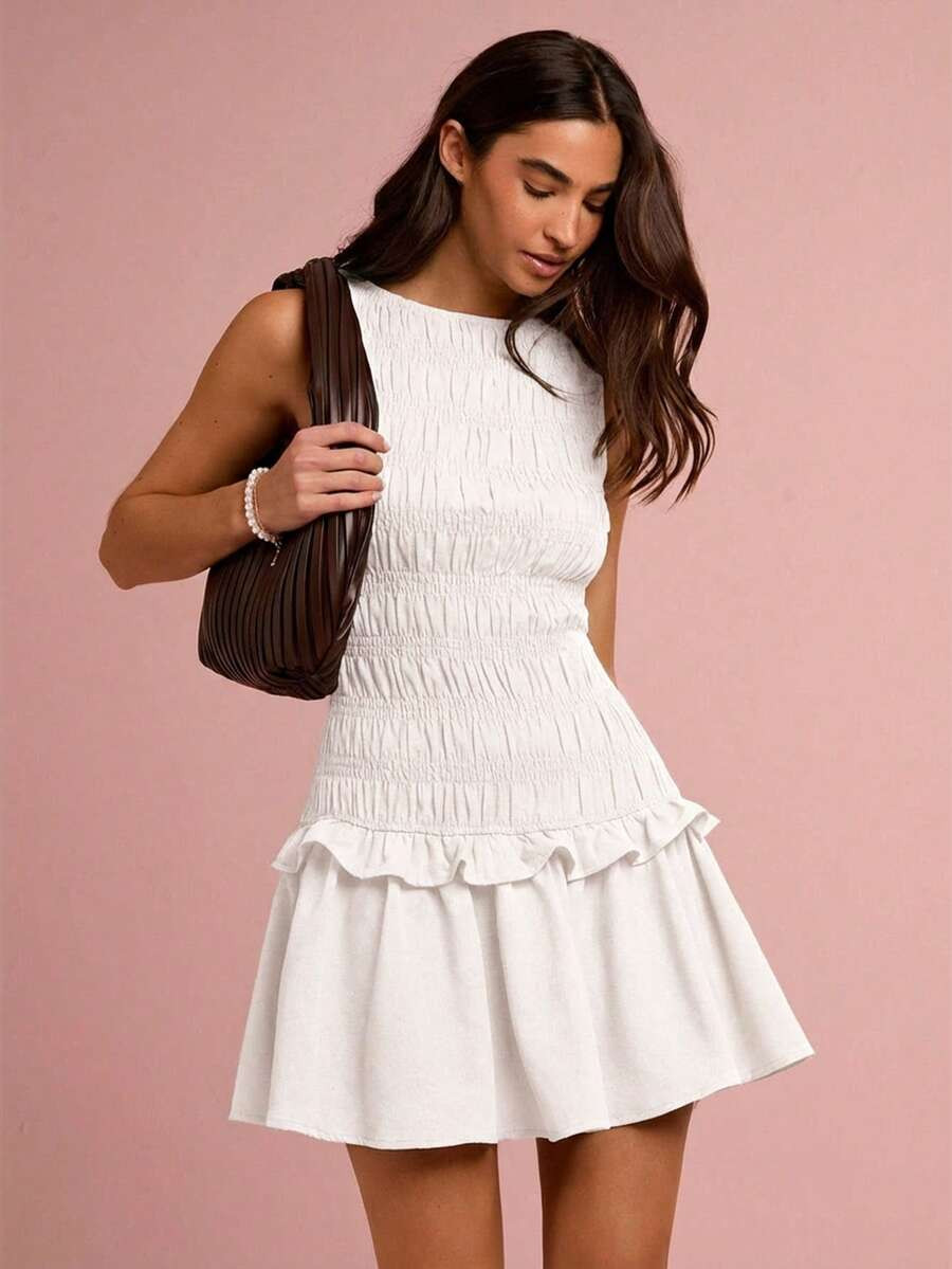 Enchnt Spring/Summer Romantic Women's Elegant Fashionable White Linen Gathering Sleeveless Short ... | SHEIN