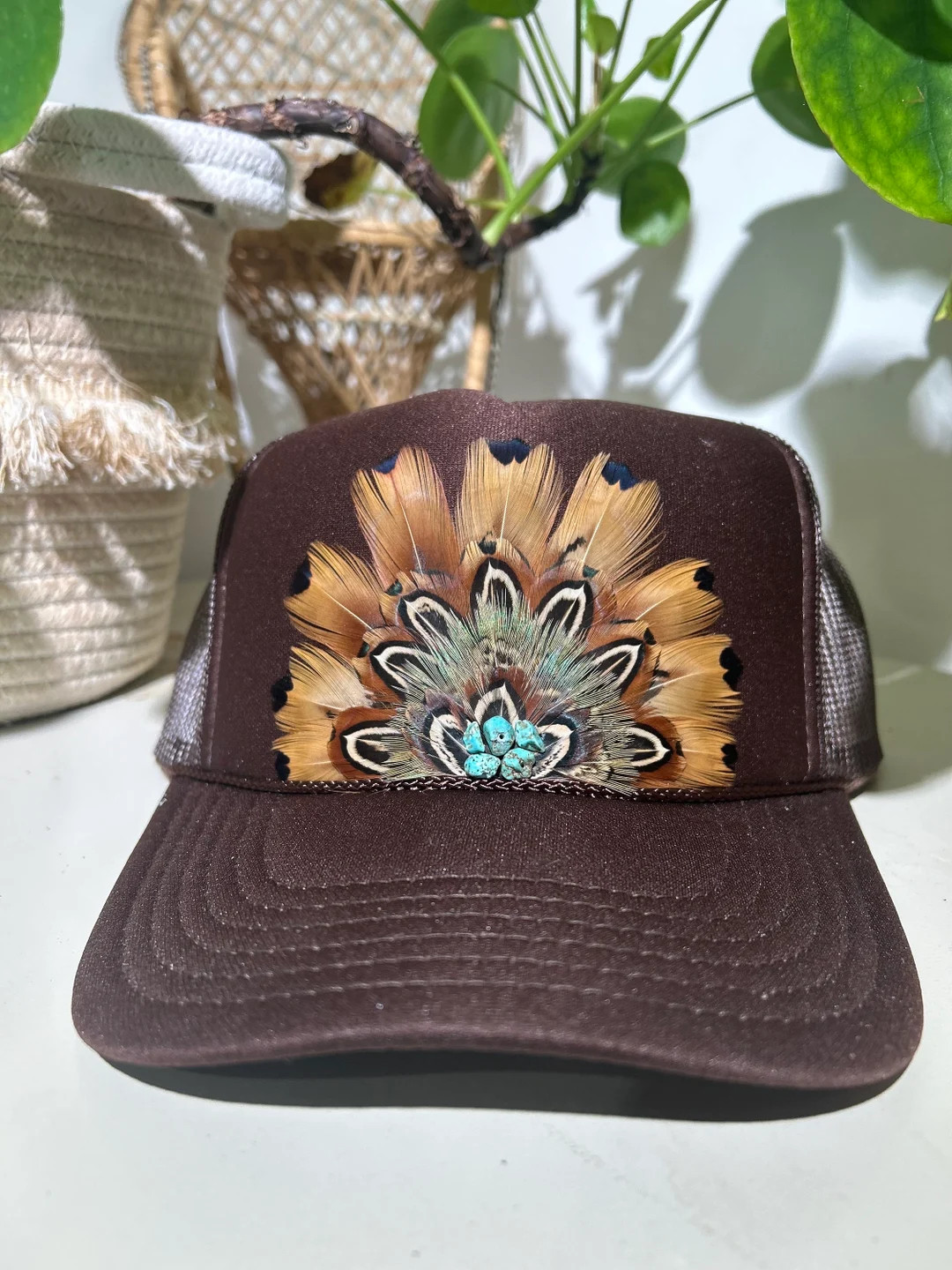 Brown Feathered Trucker, Feather Trucker Hat, Cowgirl Hat, Feather Hat, Country Concert Hat, Tren... | Etsy (US)