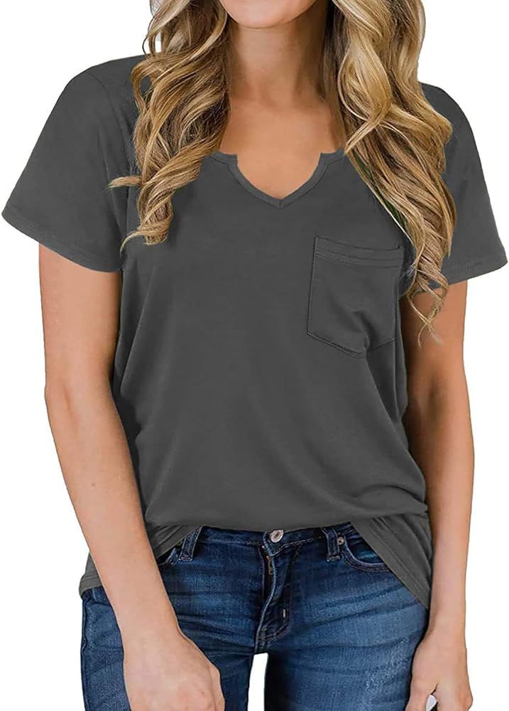 Women Summer Short Sleeve T Shirts V Neck Basic Tee Casual Loose Shirts | Amazon (US)