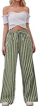 Women Drawstring Stripe Wide Leg Casual Trousers Striped Low Rise Casual Loose Lounge Pants with ... | Amazon (US)