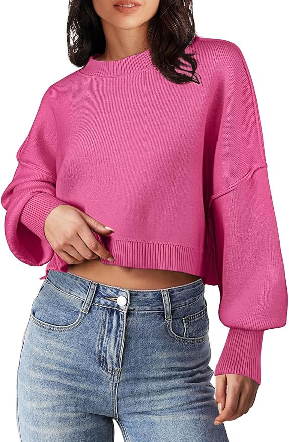 MEROKEETY Women's 2025 Crewneck Cropped Sweater Fall Batwing Sleeve Oversized Side Slit Ribbed Kn... | Amazon (US)