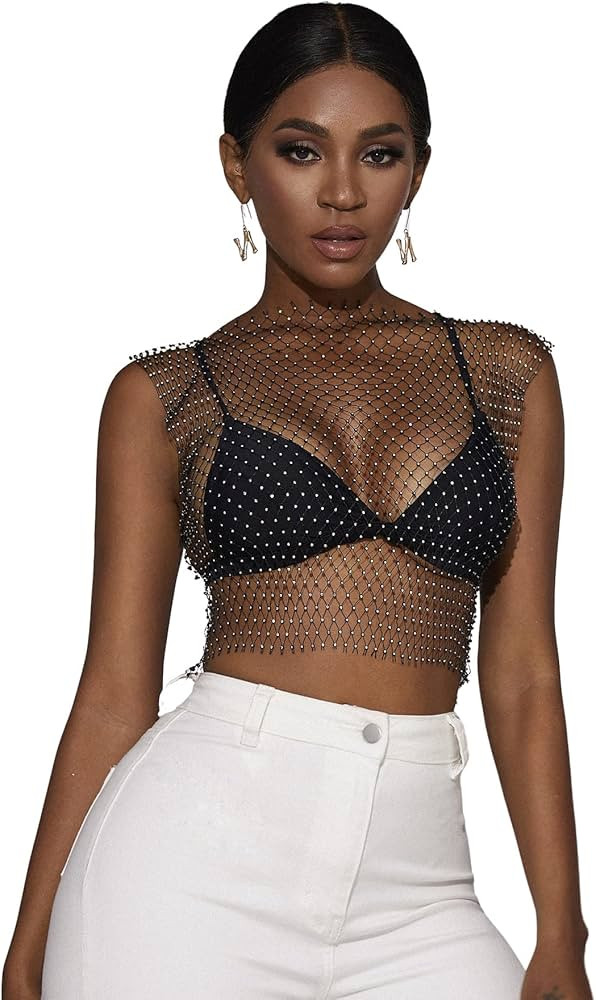Floerns Women's Sleeveless Rhinestone Rave Top Diamond Mesh See Through Clubwear | Amazon (US)