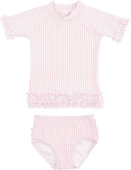RuffleButts® Baby/Toddler Girls Rash Guard Short Sleeve 2-Piece Swimsuit Set - Polka Dot Bikini ... | Amazon (US)