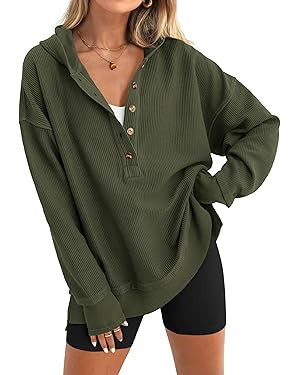 PRETTYGARDEN Womens Fashion 2025 Oversized Long Sleeve Hoodie Button Down V Neck Sweatshirt Side ... | Amazon (US)