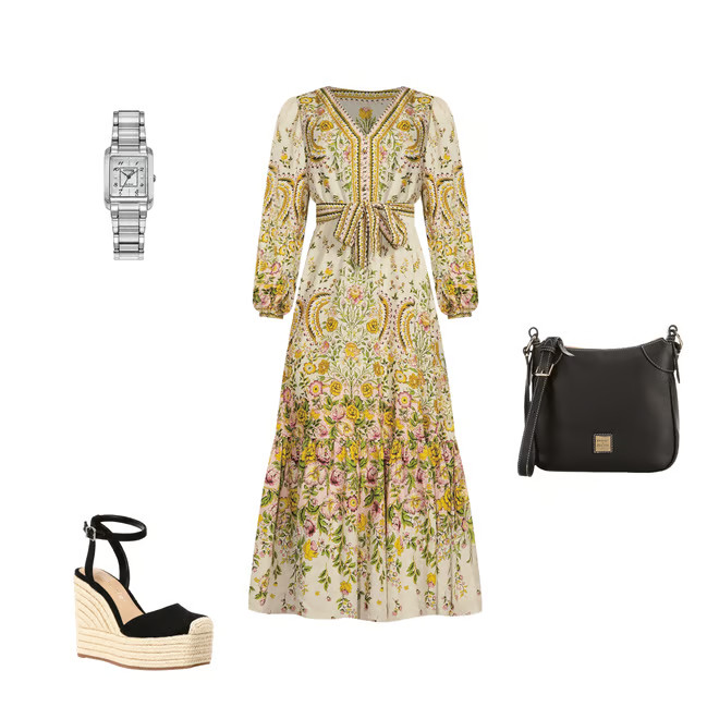 Floral Print Woven V-Neck Button Front Long Balloon Sleeve Tie at Waist A-Line Flounce Maxi Dress | Dillard's