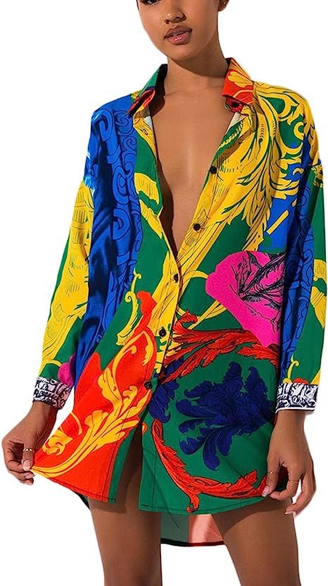 Shirts Dresses for Women Button Down - Floral Print Long Sleeve Blouse Tops Mini Dress | Amazon (US)