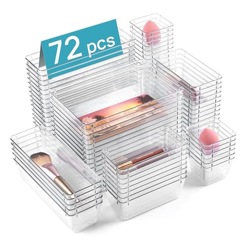 Vtopmart 72 PCS Clear Plastic Drawer Organizers Set, 4-Size Versatile Bathroom and Vanity Organizer Trays, Non-Slip Storage Containers for Makeup, Jewelries, Bedroom，Kitchen Utensils and Office | Amazon (US)