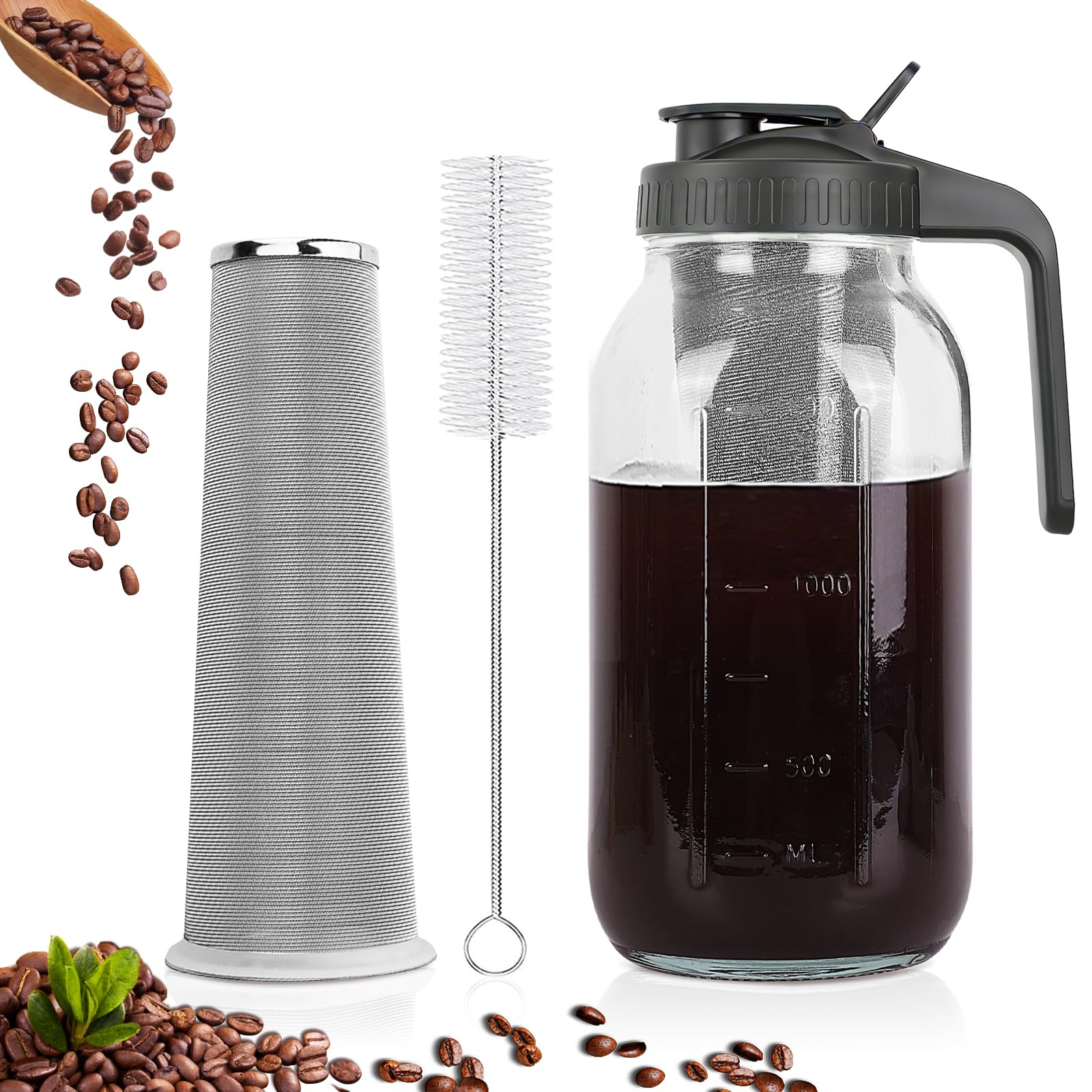 Cold Brew Coffee Maker,64 oz Mason Jar Pitcher with Stainless Steel Filter, Pour Spout Handle Lid... | Amazon (US)