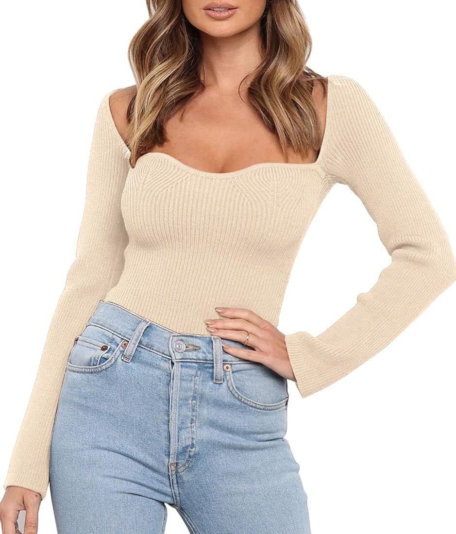 LILLUSORY Women's Sweetheart Neckline Sweater 2023 Falll Ribbed Knit Slim Fit Pullover Tops | Amazon (US)