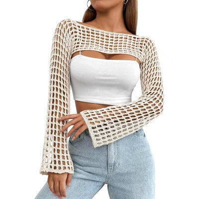 Women's Round Neck Crochet Knit Shrug Stylish Cropped Top Cardigan for Casual Layering Apricot M | Target