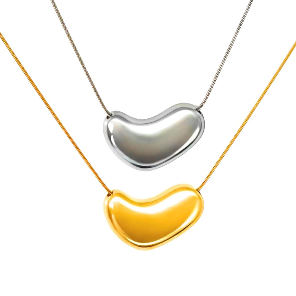 2pcs Set of Silver & Gold Heart Necklace for Women | Bean Necklace for women | Waterproof Jewelry... | Amazon (US)