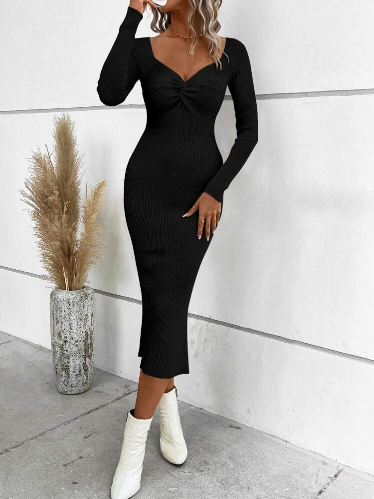Sweetheart Neck Twist Front Sweater Dress | SHEIN