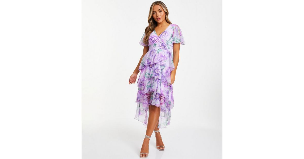 QUIZ Petite Lilac Floral Chiffon Tiered Midi Dress | New Look | New Look (UK)